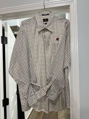 Classic White Plaid Button-Down Shirt with Red Accent